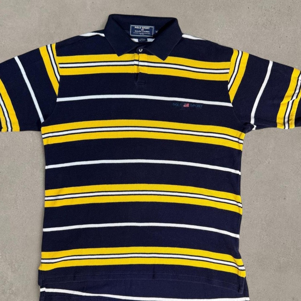 Vintage Polo Sport Ralph Lauren Y2K Striped Rugby Polo Shirt Men's M Navy Yellow